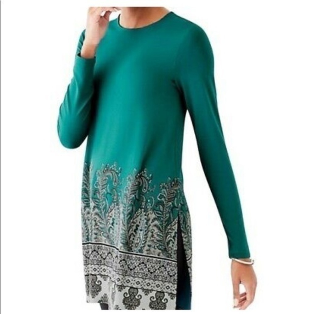 J JILL Wearever Collection Knit Paisley Border Tunic Teal Stretch size medium